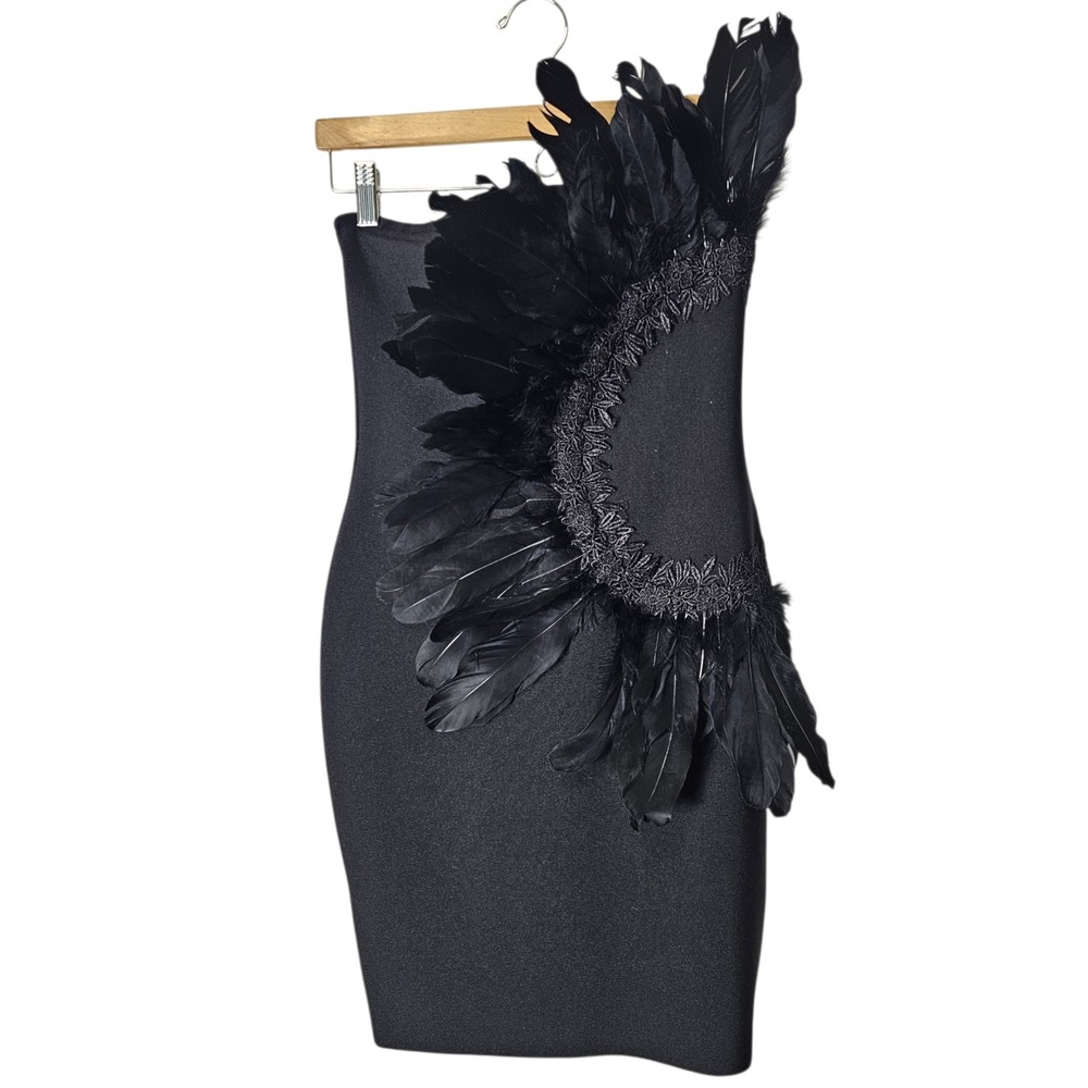 Black Feathered Mini Dress Bodycon Going Out Holiday LBD Party Stretch Small ~